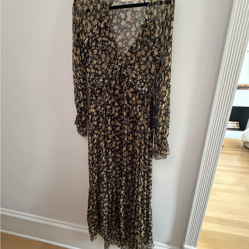DÔEN Floral V-Neck Long Sleeve Maxi Dress in Black and Yellow